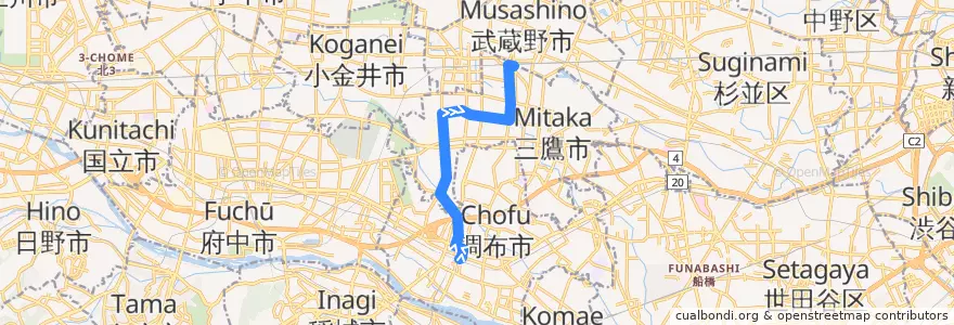 Mapa del recorrido Bus 鷹51 調布駅北口->三鷹駅 de la línea  en Токио.