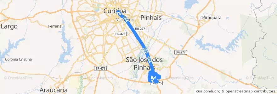 Mapa del recorrido Curitiba / Braga (via Ouro Fino) de la línea  en Microrregião de Curitiba.