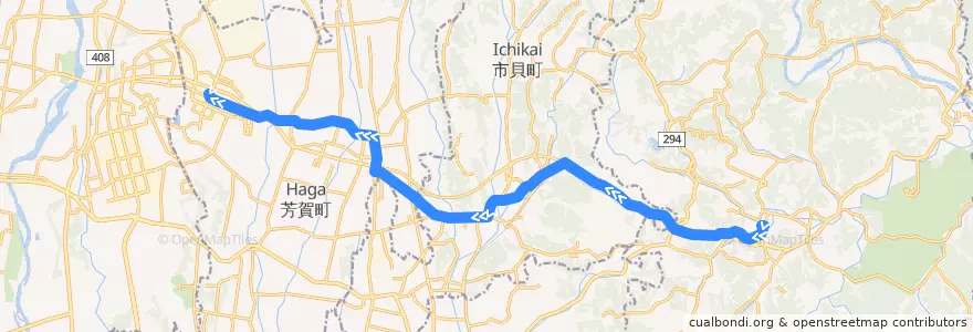 Mapa del recorrido JRバス関東水都西線 茂木⇒芳賀バスターミナル de la línea  en 芳賀郡.