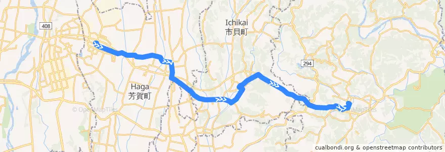 Mapa del recorrido JRバス関東水都西線 芳賀バスターミナル⇒市貝小学校⇒茂木 de la línea  en 芳賀郡.