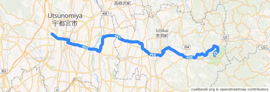 Mapa del recorrido JRバス関東水都西線 ツインリンクもてぎ⇒市貝小学校・道場宿⇒作新学院前 de la línea  en Тотиги.