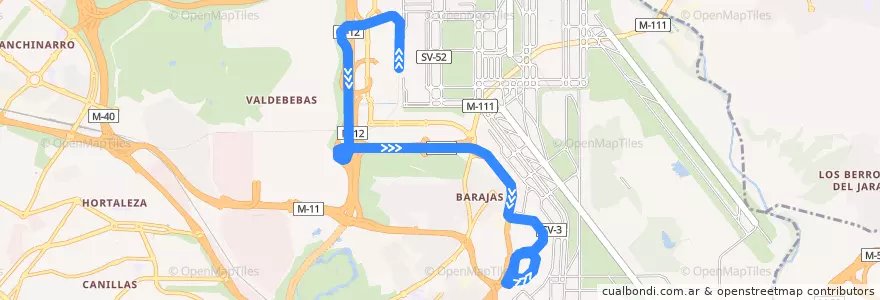 Mapa del recorrido Bus tránsito lanzadera T4 → T1 de la línea  en 마드리드.