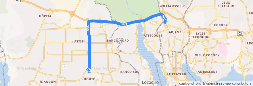 Mapa del recorrido bus 43 : Yopougon Kouté → Gare Nord de la línea  en Abidjan.