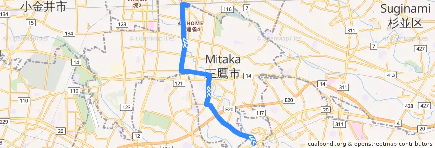 Mapa del recorrido Bus 鷹54 仙川->三鷹駅 de la línea  en 三鷹市.