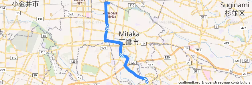 Mapa del recorrido Bus 鷹54 仙川->三鷹駅 via 杏林大学病院,新川団地中央 de la línea  en 三鷹市.