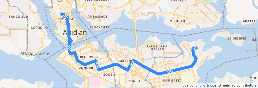 Mapa del recorrido bus 05 : Koumassi-Nord-Est → Cité Administrative de la línea  en Abidjan.