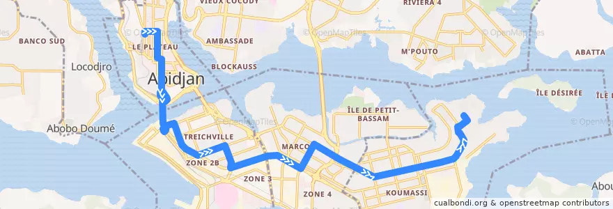 Mapa del recorrido bus 05: Cité Administrative → Koumassi-Nord-Est de la línea  en Abidjan.