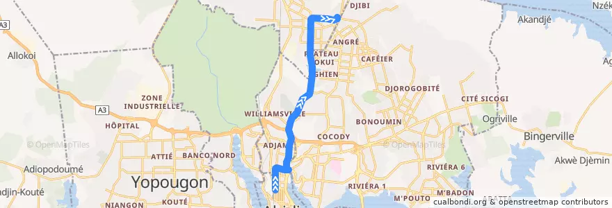 Mapa del recorrido bus 75 : Cité Administrative → Abobo Baoulé de la línea  en Abidjan.