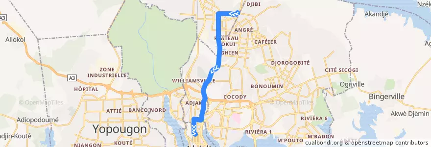 Mapa del recorrido bus 75 : Abobo Baoulé → Cité Administrative de la línea  en Abidjan.