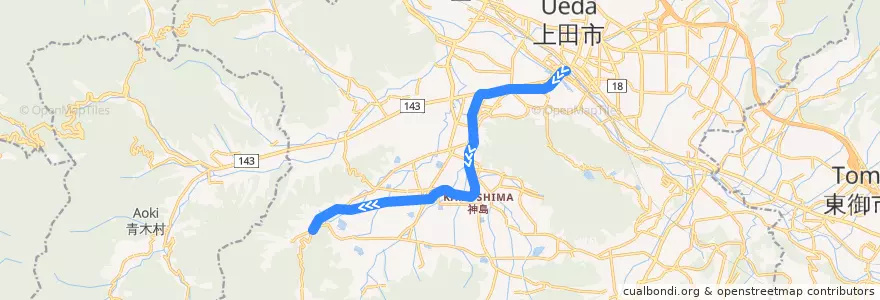 Mapa del recorrido 上田電鉄別所線（下り） de la línea  en Ueda.