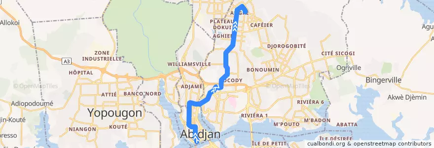 Mapa del recorrido bus 82 : Gare Sud → Angré de la línea  en Abidjan.