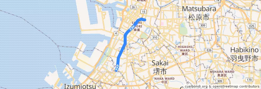 Mapa del recorrido 13: 鳳西町南-堺東駅前 de la línea  en 堺市.