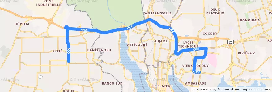 Mapa del recorrido bus 727 : Cocody Saint Jean → Yopougon Lavage Saint André de la línea  en Abidjan.