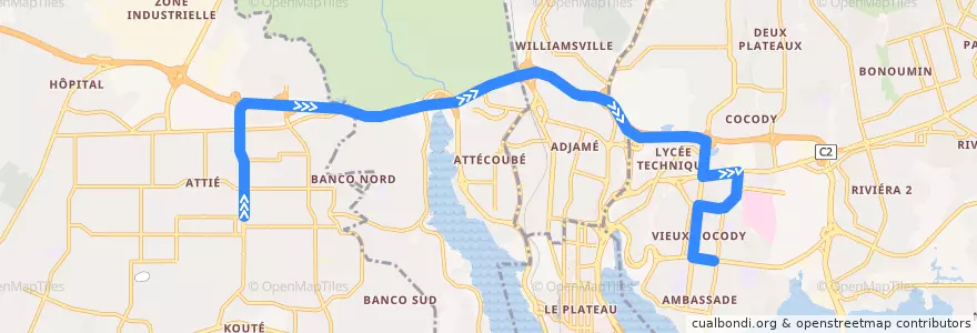 Mapa del recorrido bus 727 : Yopougon Lavage Saint André → Cocody Saint Jean de la línea  en Abidjan.