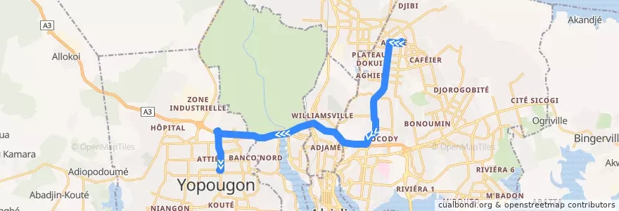 Mapa del recorrido bus 719 : Angré Terminus 81-82 → Yopougon Lavage Saint André de la línea  en Abidjan.