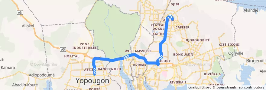 Mapa del recorrido bus 719 : Yopougon Lavage Saint André → Angré Terminus 81-82 de la línea  en アビジャン.