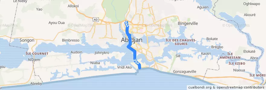 Mapa del recorrido bus 19 : Gare Nord → Vridi Iran de la línea  en Abidjan.
