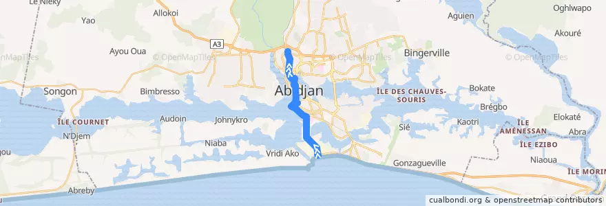 Mapa del recorrido bus 19 : Vridi Iran → Gare Nord de la línea  en Abiyán.