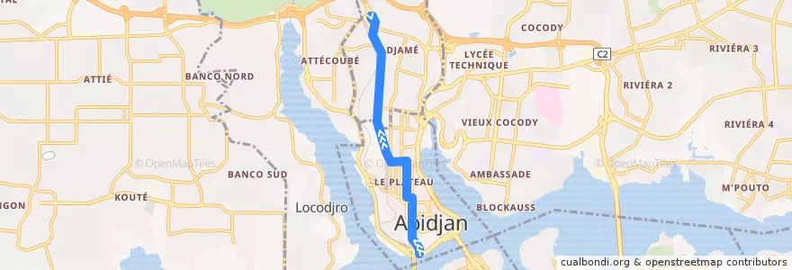 Mapa del recorrido bus 10 : Gare Sud Plateau → Gare nord de la línea  en Abidjan.