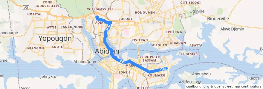 Mapa del recorrido bus 11 : Koumassi Prodomo → Gare Nord de la línea  en Abiyán.