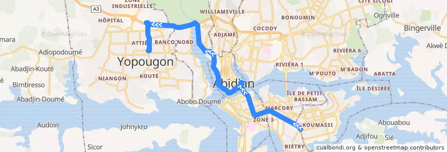 Mapa del recorrido bus 712 : Grand carrefour Koumassi → Yopougon Lavage Saint André de la línea  en Abidjan.