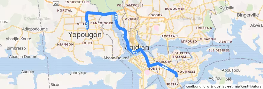 Mapa del recorrido bus 712 : Yopougon Lavage Saint André → Grand carrefour Koumassi de la línea  en Abidjan.