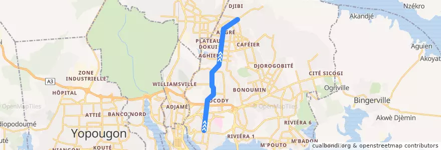 Mapa del recorrido bus 704 : Saint Jean → Angré Château de la línea  en Cocody.