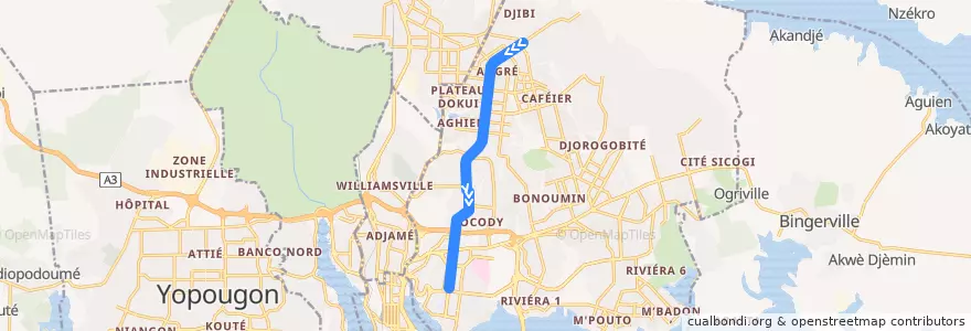 Mapa del recorrido bus 704 : Angré Château → Saint Jean de la línea  en Cocody.