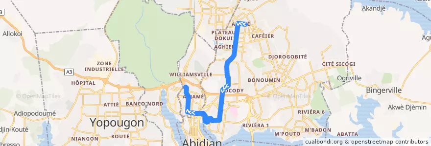Mapa del recorrido bus 81 : Angré → Gare Nord de la línea  en Abidjan.