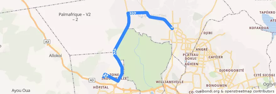 Mapa del recorrido bus 77 : Micao Youpougon → Abobo Gendarmerie de la línea  en 阿比让.