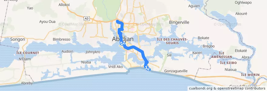 Mapa del recorrido bus 12 : Port-Bouët Phare → Gare nord de la línea  en Abidjan.