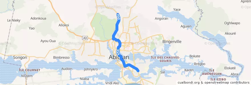 Mapa del recorrido bus 713 : Gendarmerie Abobo → Grand carrefour Koumassi de la línea  en Abidjan.