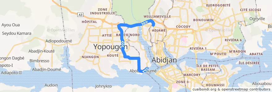 Mapa del recorrido bus 36 : Yopougon Abobo Doumé → Gare Nord de la línea  en Abiyán.