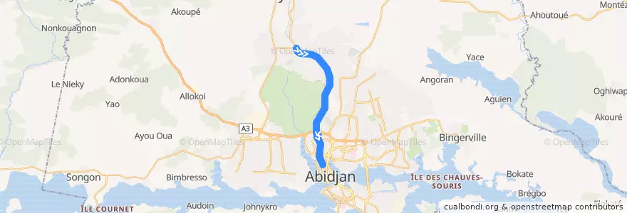Mapa del recorrido bus 76 : PK 18 (Abobo) → Cité Administrative de la línea  en Abidjan.