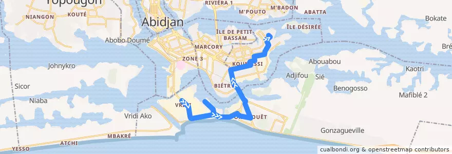 Mapa del recorrido bus 24 : cpma Vridi → Lycée municipal de Koumassi de la línea  en Abidjan.