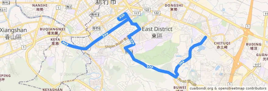 Mapa del recorrido 83 成德路→清華大學 de la línea  en 東區.