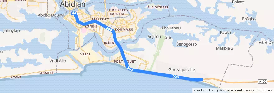 Mapa del recorrido bus 67 : Marché de Treichville → Anani de la línea  en Abidjan.