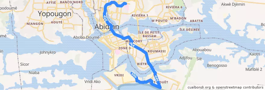 Mapa del recorrido bus 53 : Terminus Cité Vridi → Gare Campus de la línea  en Abican.