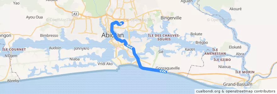 Mapa del recorrido bus 53 : Gonzagueville → Gare Campus de la línea  en Abidjan.