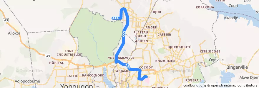 Mapa del recorrido bus 52 : Abobo Sagbé → Campus Cocody de la línea  en Абиджан.