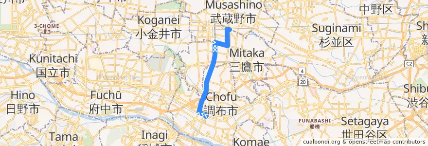 Mapa del recorrido Bus 鷹56 調布駅北口->三鷹駅 de la línea  en Tokyo.