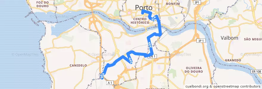 Mapa del recorrido 904: Coimbrões => Bolhão de la línea  en Área Metropolitana do Porto.