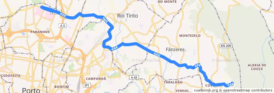 Mapa del recorrido 804: S. Pedro da Cova => Hospital S. João de la línea  en Área Metropolitana do Porto.
