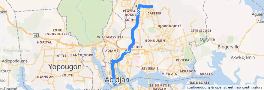 Mapa del recorrido bus 205 : Gare Sud → Djibi de la línea  en Abidjan.