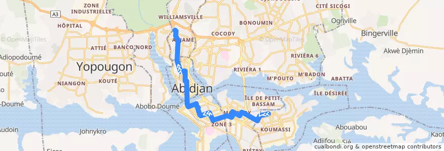 Mapa del recorrido bus 03 : Marcory Anoumabo Aliodan → Gare Nord de la línea  en 阿比让.