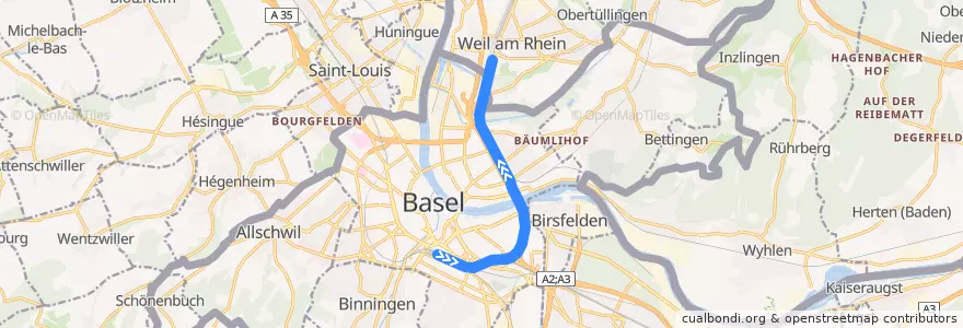 Mapa del recorrido RE/RB: Basel SBB => Freiburg (Breisgau) de la línea  en Basel.