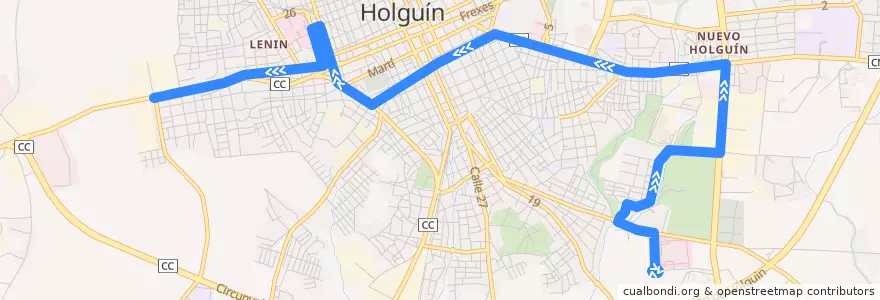 Mapa del recorrido Holguín P1 Hospital Clínico Quirúrgico - Ciudad Jardín de la línea  en Holguín.