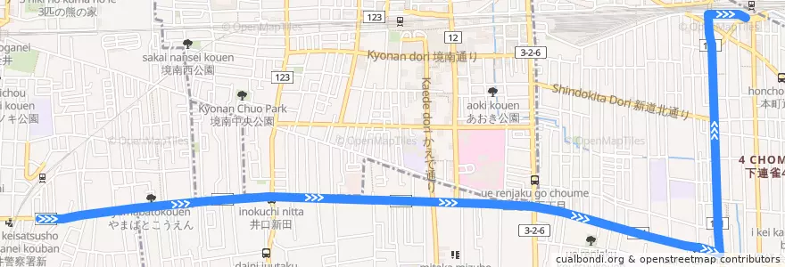 Mapa del recorrido Bus 鷹53 新小金井線->三鷹駅 de la línea  en Tokyo.