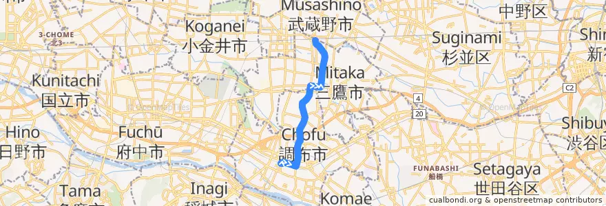 Mapa del recorrido Bus 鷹66 調布駅北口->三鷹駅 de la línea  en Tokio.