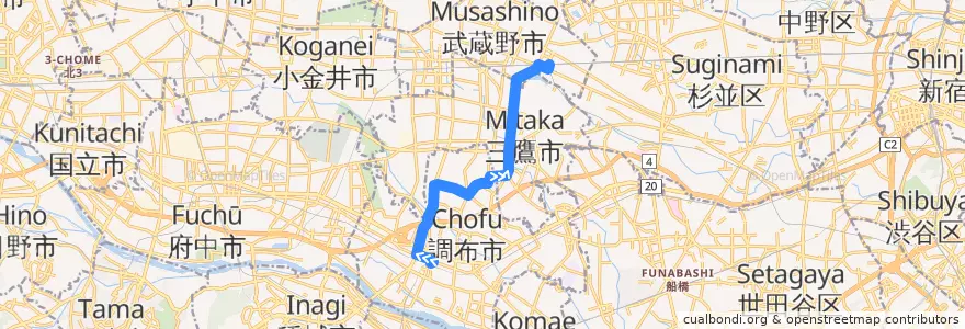Mapa del recorrido Bus 吉05 調布駅北口->野ヶ谷->吉祥寺駅中央口 de la línea  en Tokio.